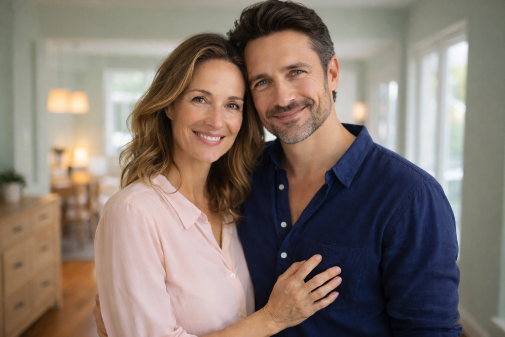 A healthy couple is smiling in a cozy kitchen setting in the daytime.
